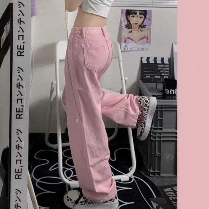 Cute Pink Baggy Oversized Loose Low Rise Wide Leg Denim Pants Trousers Aesthetic Casual Summer E-Girl Kawaii Korean Japanese Harajuku
