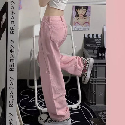 Cute Pink Baggy Oversized Loose Low Rise Wide Leg Denim Pants Trousers Aesthetic Casual Summer E-Girl Kawaii Korean Japanese Harajuku