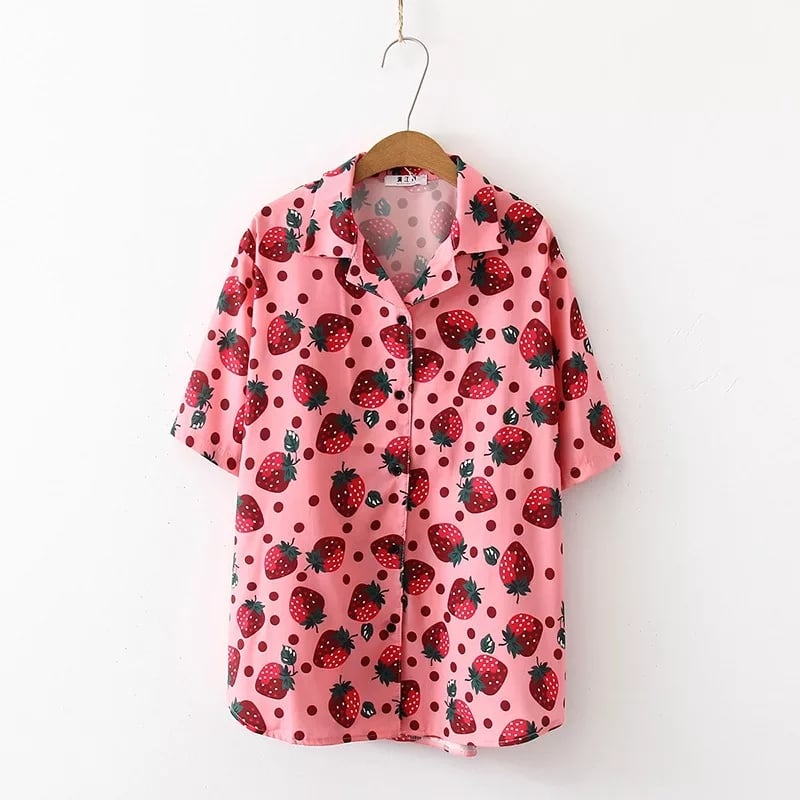 Cute Pink Strawberry Print Button Down Short Sleeve Shirt Blouse Aesthetic Casual Summer E-Girl Kawaii Korean Japanese Harajuku