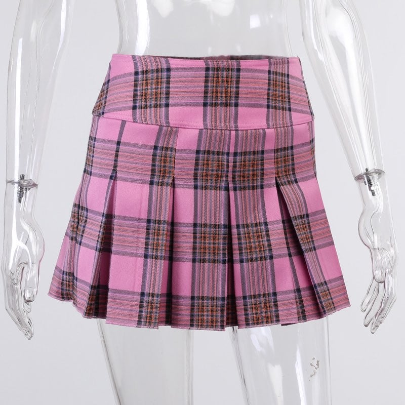 Cute Pink Plaid Checkered Pleated High Waisted Mini Skirt A-line Chic Goth Punk Club E-Girl Kawaii Korean Japanese Harajuku Streetwear