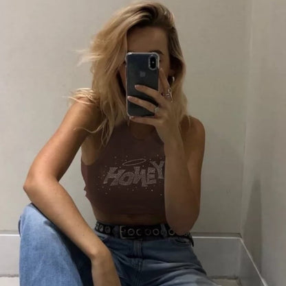 Cute Brown Honey Rhinestone Crystal Glitter Bling 90s Sleeveless Tank Crop Top Aesthetic Casual Summer E-Girl Kawaii Korean Japanese Harajuku