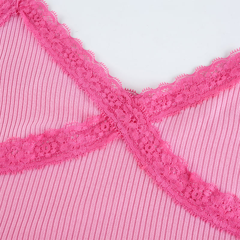 Cute Sexy Lace Patchwork Camisole Spaghetti Strap Crop Top Shirt Tee T-shirt E-Girl Kawaii Korean Japanese Harajuku Chinese Retro Streetwear Aesthetic