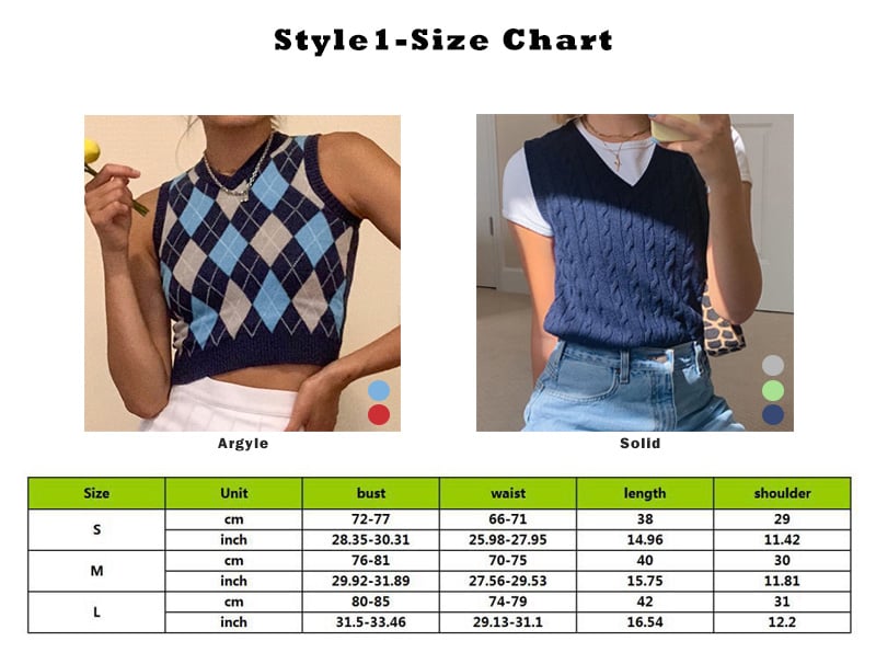 Vintage Plaid V Neck Sleeveless Sweater Vest Knit Crop Top Preppy Causal Pullover E-Girl Kawaii Korean Japanese Harajuku Streetwear