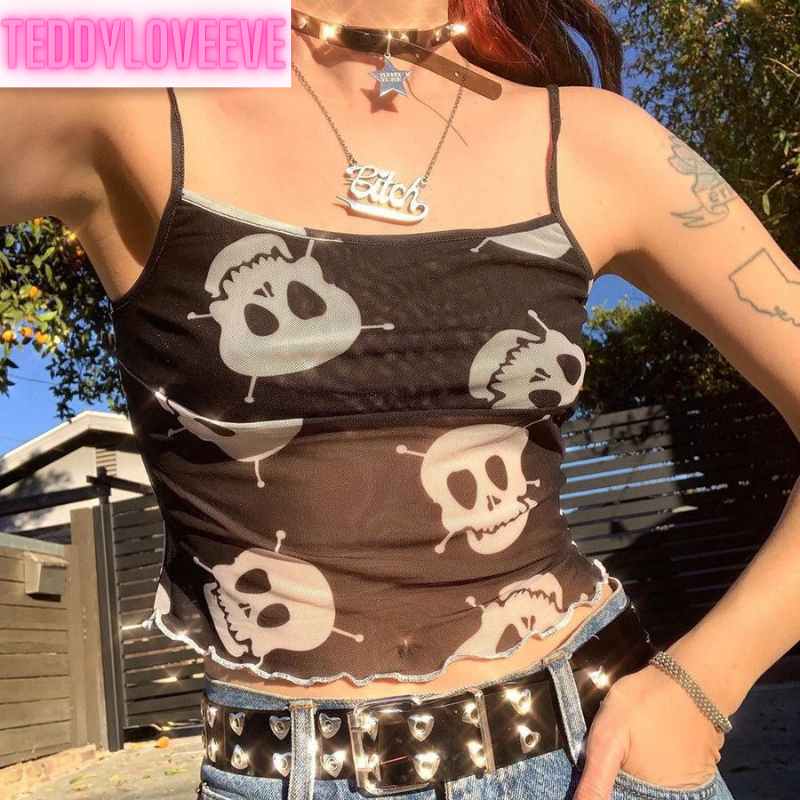 Cute Spider Skull Mesh Transparent See Through Camisole Tank Crop Top Sleeveless Goth Punk Casual E-Girl Kawaii Korean Japanese Harajuku Streetwear