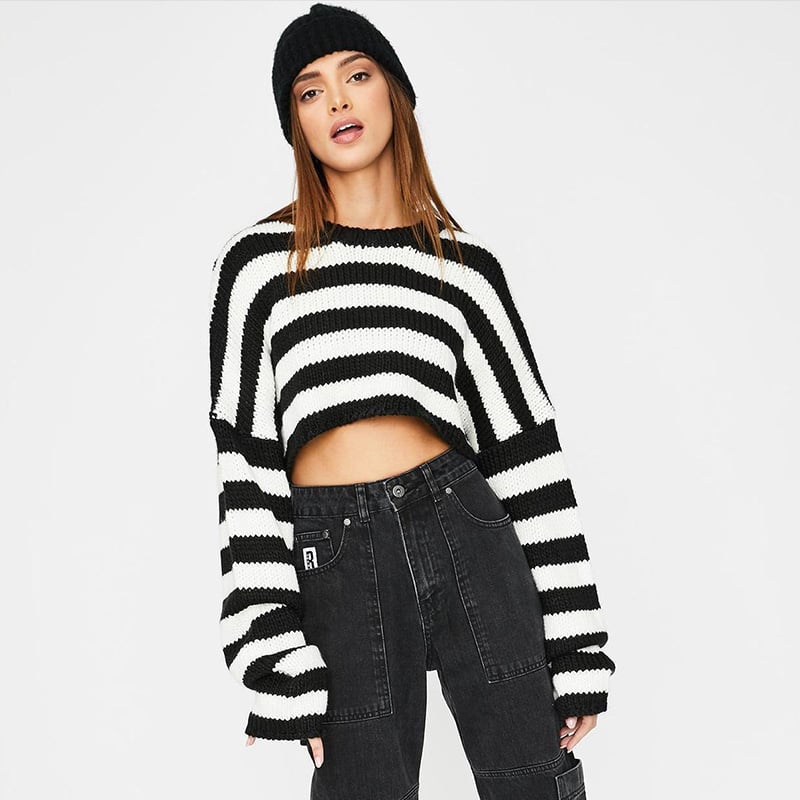 Cute Black White Stripe Loose Oversize Crop Sweater Long Sleeve Shirt Sweatshirt Pullover Casual E-Girl Kawaii Korean Japanese Harajuku Streetwear