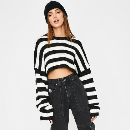 Cute Black White Stripe Loose Oversize Crop Sweater Long Sleeve Shirt Sweatshirt Pullover Casual E-Girl Kawaii Korean Japanese Harajuku Streetwear