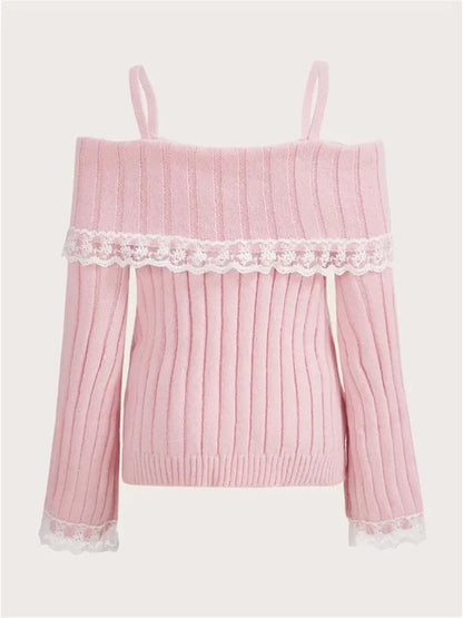 Pink Off Shoulder Bow Lace Sweater