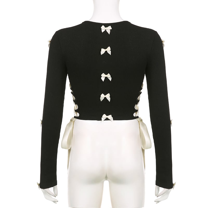 Black Bow Ribbon Hollow Out Knit Long Sleeve Shirt