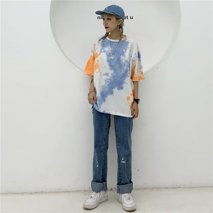 Cute Tie Dyed Hip Hop Casual Punk Goth Loose Oversized Short Sleeve Shirt Tee T-shirt E-Girl Kawaii Korean Japanese Harajuku Chinese Retro Streetwear