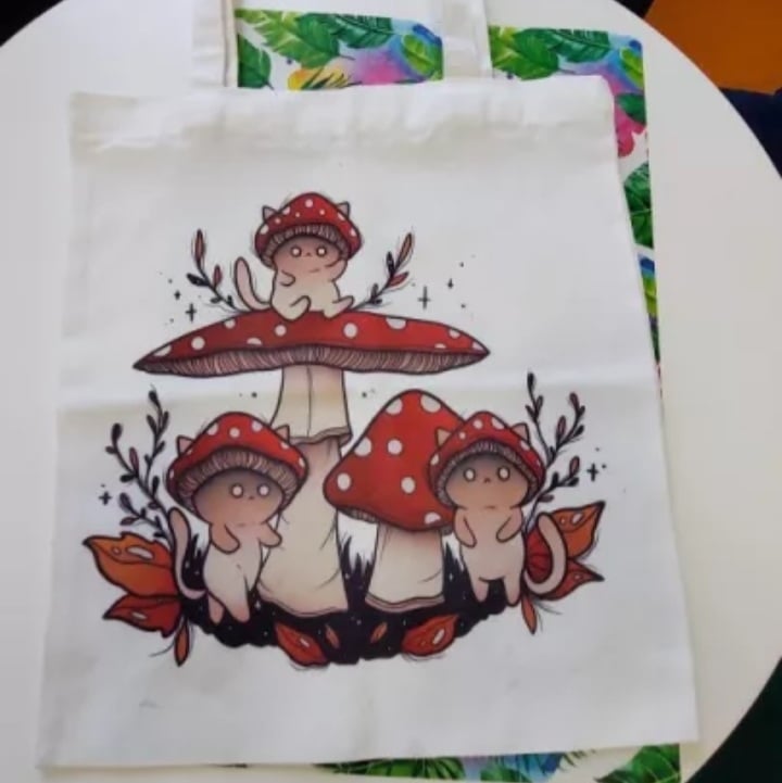 Cute Cat Ghost Mushroom Print Reusable Shopping Bag Canvas Tote Bag Shoulder Bag Aesthetic Casual E-Girl Kawaii Korean Japanese Harajuku