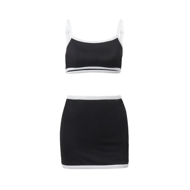 2PCS Black & White Patchwork Tank Top + Skirt