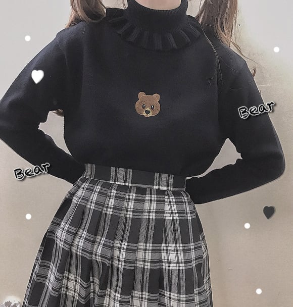 Cute Bear Embroidery Turtleneck Vintage Sweater High Neck Ruffle Pullover Long Sleeve Knit E-Girl Kawaii Korean Japanese Harajuku Streetwear
