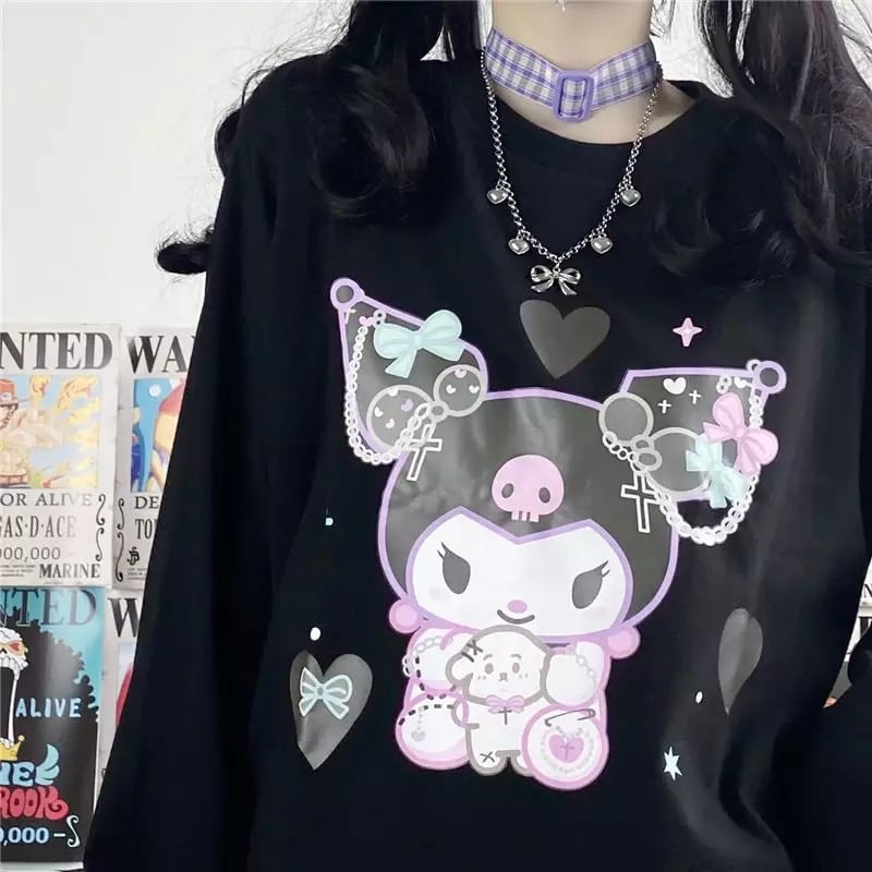 Cute Black Japanese Anime Cartoon Print Loose Oversize Long Sleeve T-shirt