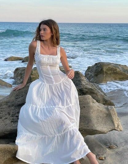 White Pleated Lace Up Square Collar Ruffle Maxi Dress