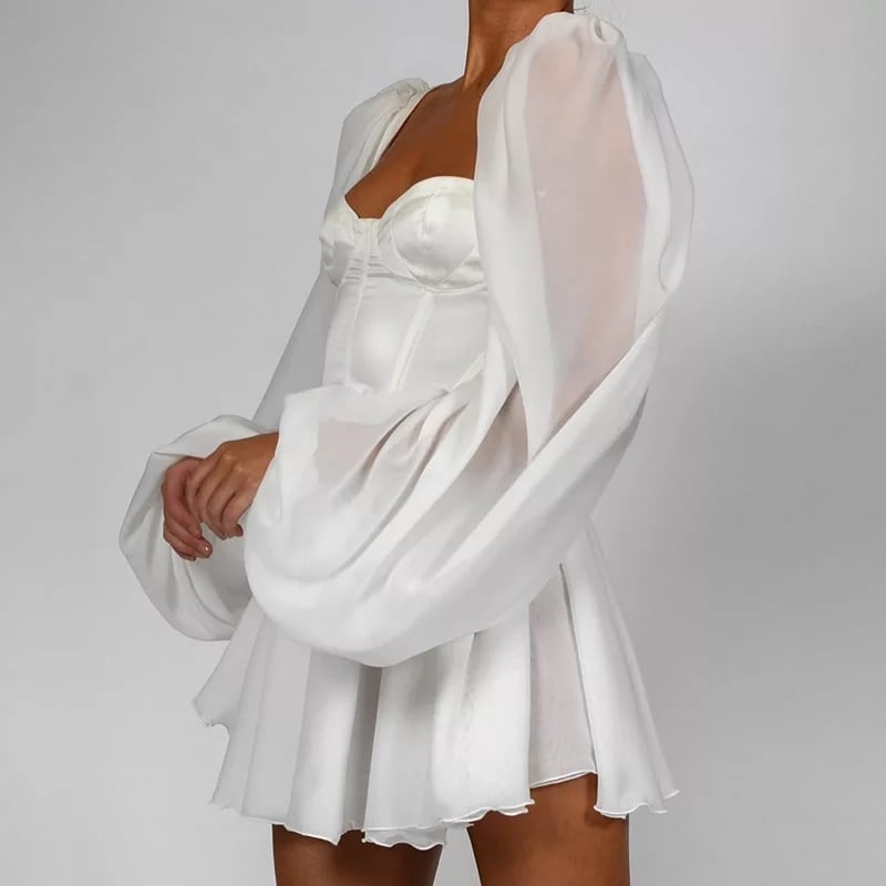 Cute White Elegant Bustier Corset Long Puff A-line Mini Dress Party Beach Summer Aesthetic Casual E-Girl Kawaii Korean Japanese Harajuku