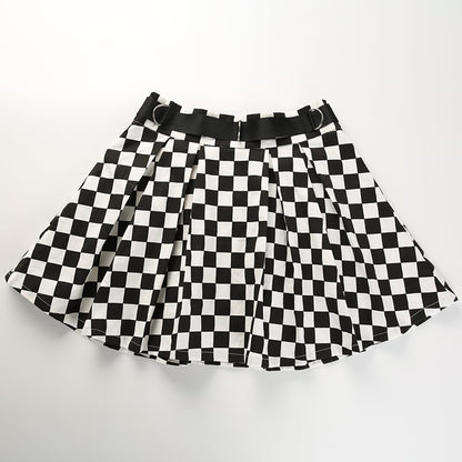 Cute Sexy Checkered Pleated Black White Sash High Waisted Skater Skirt E-Girl Kawaii Korean Japanese Harajuku Streetwear