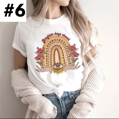 Cute Retro Tarot Card Cresent Moon Sun Print Loose Short Sleeve Shirt Aesthetic Casual E-Girl Kawaii Korean Japanese Harajuku