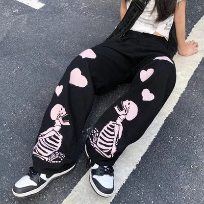 Black Skeleton Print Loose Waist Wide Leg Pants