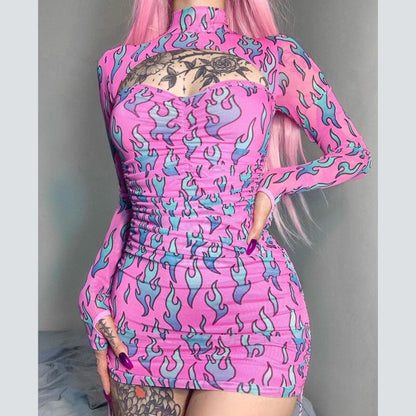 Sexy Pink Fire Flame Print Hollow Cut Out Long Sleeve Mini Dress Ruched Bodycon Club Party Summer E-Girl Kawaii Korean Japanese Harajuku Streetwear
