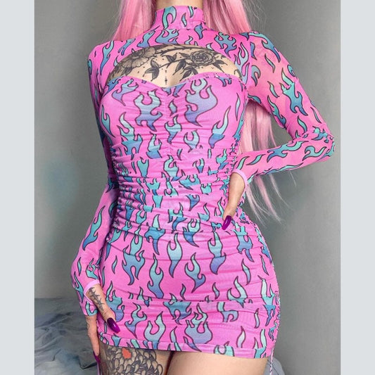 Sexy Pink Fire Flame Print Hollow Cut Out Long Sleeve Mini Dress Ruched Bodycon Club Party Summer E-Girl Kawaii Korean Japanese Harajuku Streetwear