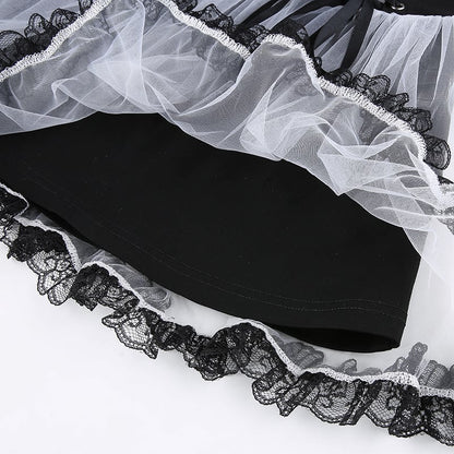 Sexy Goth Dark Punk Mesh A Line Skirt Lace Up Patchwork Ribbon Lace Trim High Waisted Summer Casual E-Girl Kawaii Korean Japanese Harajuku Streetwear