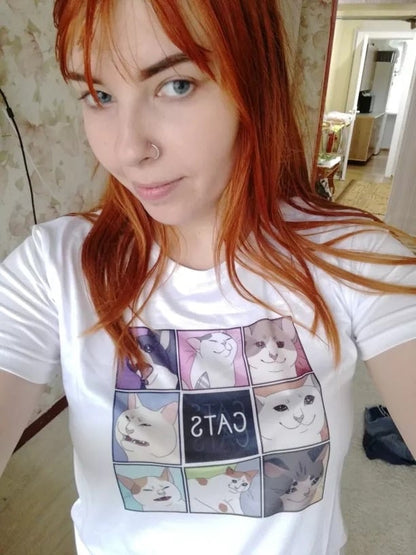 Cute Cat Kitten Animal Cartoon Funny Short Sleeve Shirt Tee T-shirt E-Girl Kawaii Korean Japanese Harajuku Chinese Retro Streetwear Aesthetic