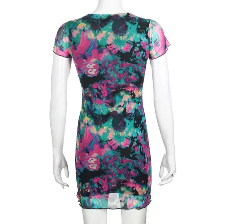 Cute Sexy Tie Dye Butterfly Print Mesh Transparent Short Sleeve Mini Dress Summer Aesthetic Casual E-Girl Kawaii Korean Japanese Harajuku