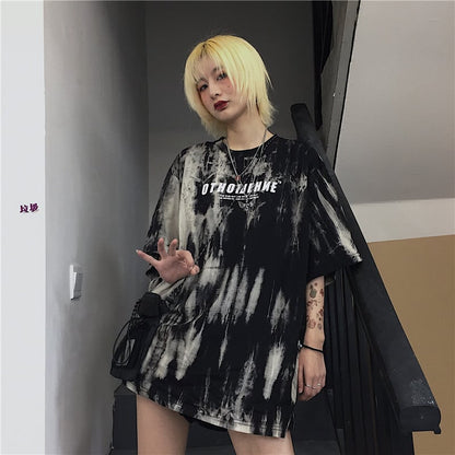 Cute Smoke Ash Print Loose Oversized Crop Top Short Sleeve Shirt Tee T-shirt E-Girl Kawaii Korean Japanese Harajuku Chinese Retro Streetwear Punk Goth