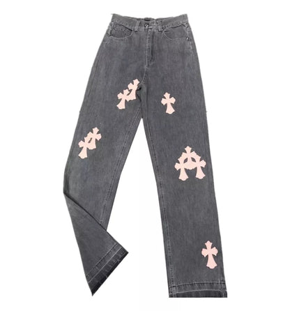Cute Cross Jean High Waist Straight Baggy Pants Denim Trousers Summer Aesthetic Casual E-Girl Kawaii Korean Japanese Harajuku