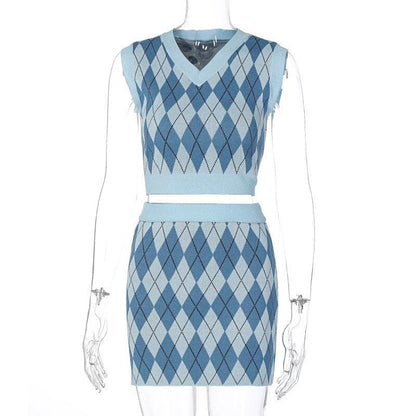Cute Vintage 90s Argyle Plaid 2 Piece Co-ord Set Knit Sleeveless Tank Crop Top Mini Skirt Aesthetic E-Girl Kawaii Korean Japanese Harajuku Streetwear