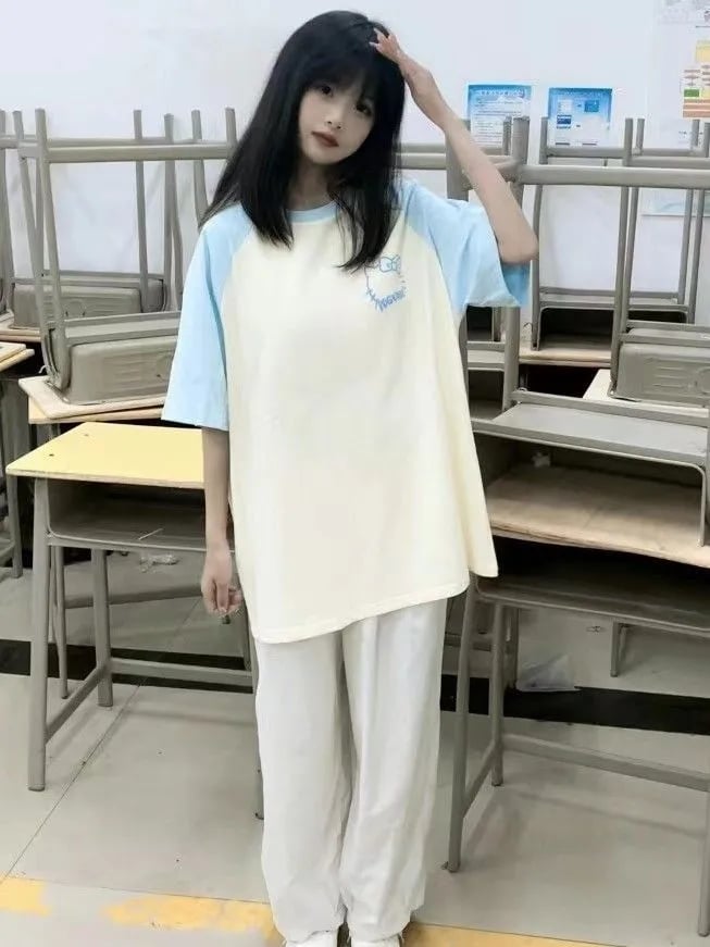 Japanese Cat Print Patchwork Short Sleeve T-shirt