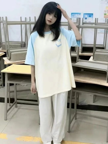 Japanese Cat Print Patchwork Short Sleeve T-shirt