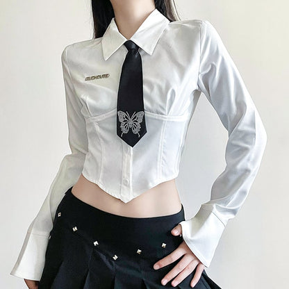White Butterfly Rhinestone Tie + Long Sleeve Shirt Set