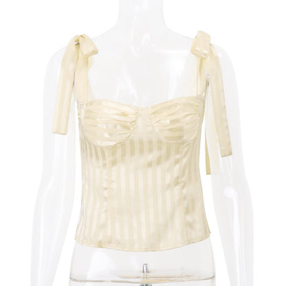 Sweet Yellow Bow Lace Up Satin Top
