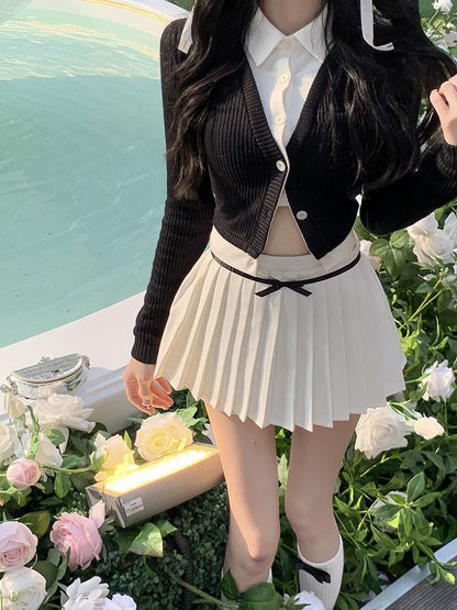 Preppy Pleated Bow Patchwork Mini Skirt