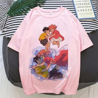 Cute Pink Ponyo Anime Cartoon Print Graphic Short Sleeve Shirt Top Summer Aesthetic Casual E-Girl Kawaii Korean Japanese Harajuku