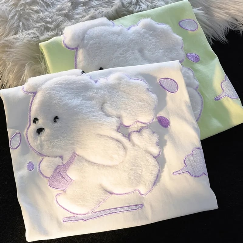 Fluffy Dog Print Short Sleeve T-shirt