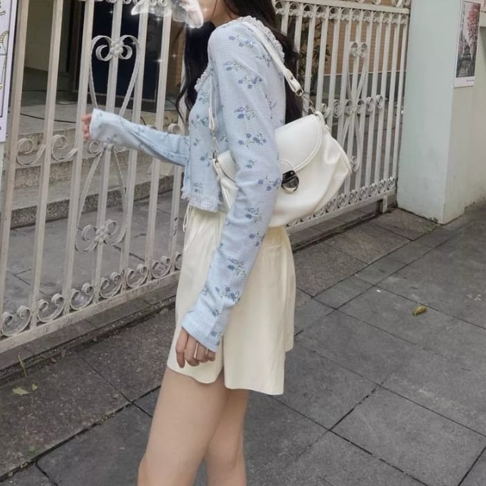 Sweet Floral Lace Chic Cardigan Patchwork Long Sleeve Shirt Crop Top Casual Summer E-Girl Kawaii Korean Japanese Harajuku