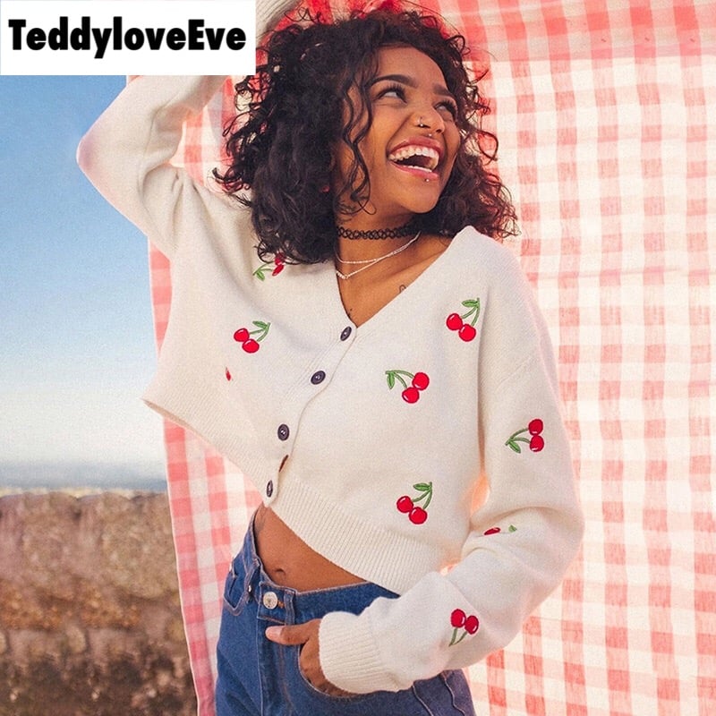 Cute Sweet Cherry Embroidery V Neck Knit Vest Long Sleeve Cardigan Crop Top Sweater Sweatshirt Pullover Jumper E-Girl Kawaii Korean Japanese Harajuku