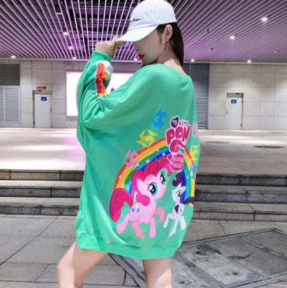 Cute Rainbow Colorful Pony Cartoon Print Oversized Sweatshirt Long Sleeve Shirt Pullover Aesthetic Casual E-Girl Kawaii Korean Japanese Harajuku