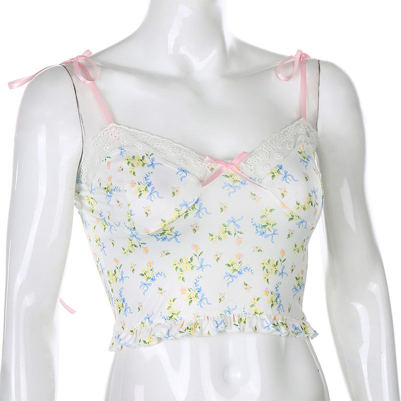Lace Frill Floral Print Crop Top Summer Sleeveless Camisole Causal E-Girl Kawaii Korean Japanese Harajuku Streetwear