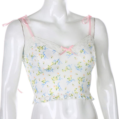 Lace Frill Floral Print Crop Top Summer Sleeveless Camisole Causal E-Girl Kawaii Korean Japanese Harajuku Streetwear