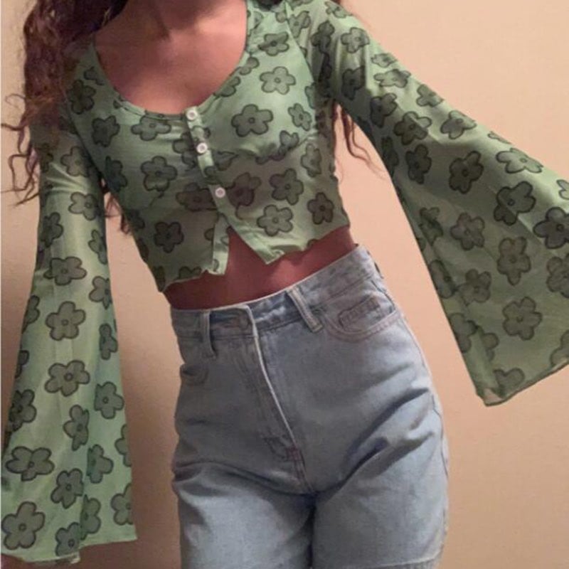 Cute Sexy Vintage 90s Green Flower Lantern Bell Sleeve Long Sleeve Shirt Crop Top Mesh Aesthetic E-Girl Kawaii Korean Japanese Harajuku Streetwear