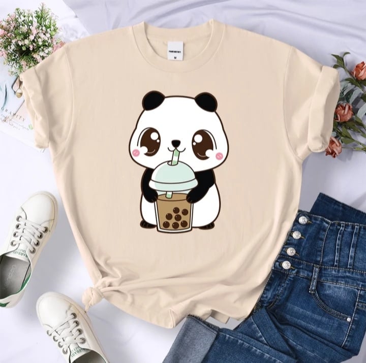 Cute Panda Bear Boba Bubble Milk Tea Graphic Cartoon Print Loose Short Sleeve T-shirt Aesthetic Casual Summer E-Girl Kawaii Korean Japanese Harajuku