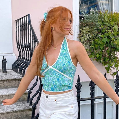 Cute Sexy Floral Halter Patchwork Knit Tank Crop Top Vintage Beach Aesthetic Casual Summer E-Girl Kawaii Korean Japanese Harajuku Stree
