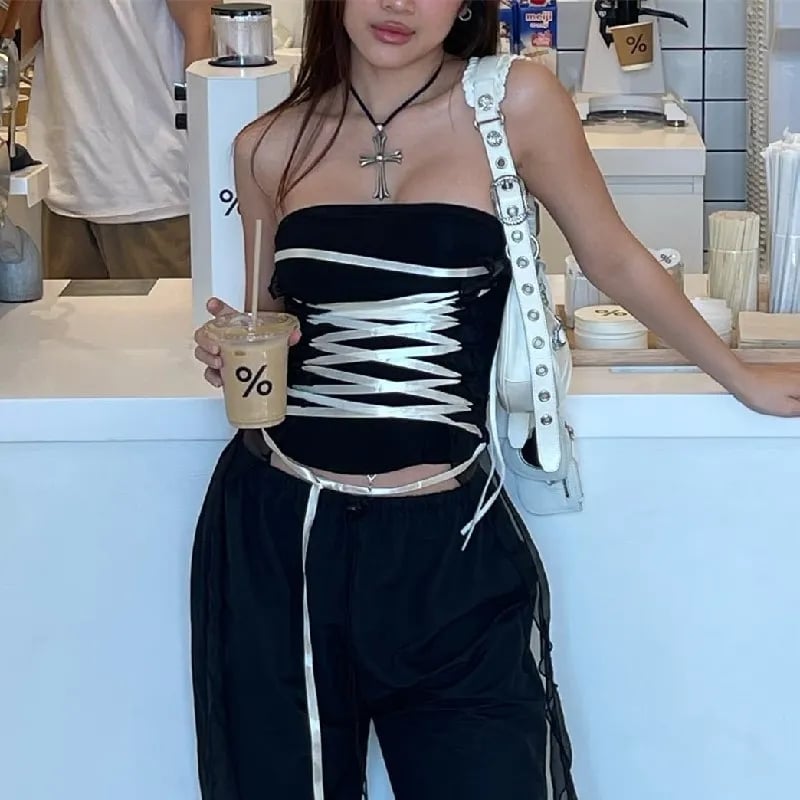 Bandage Ribbon Lace Up Tube Top