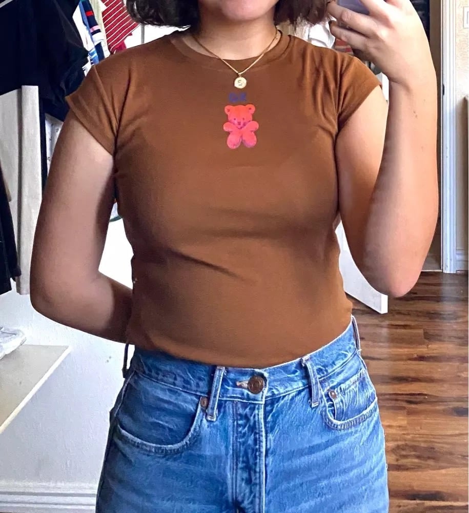 Cute Sweet Bear Cartoon Print Crop Top Short Sleeve Shirt Tee T-shirt E-Girl Kawaii Korean Japanese Harajuku Chinese Retro Streetwear Aesthetic