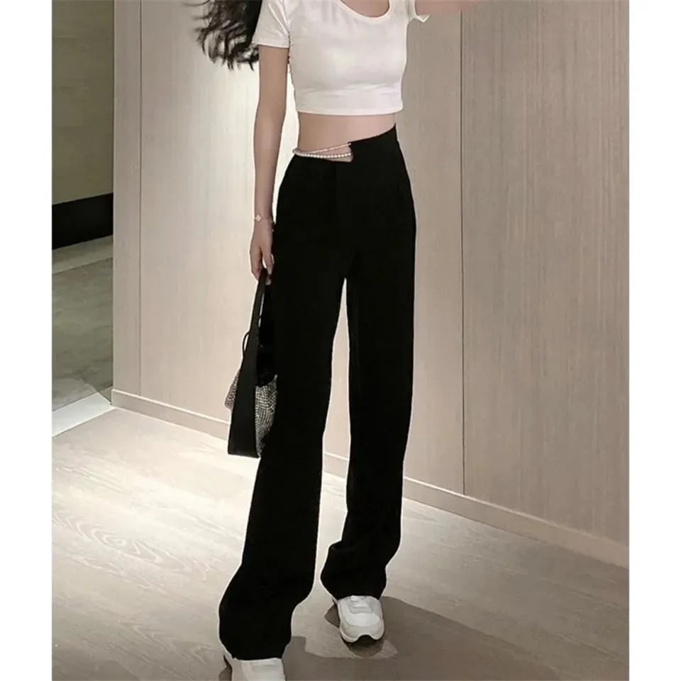 Pearl Rhinestone Black High Waist Pants