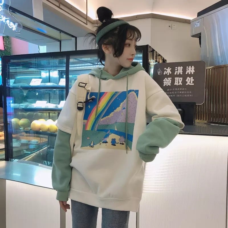 Rainbow Cartoon Print Hoodie Patchwork Loose Drawstring Sweatshirt Sweater Long Sleeve Pullover E-Girl Kawaii Korean Japanese Harajuku Streetwear