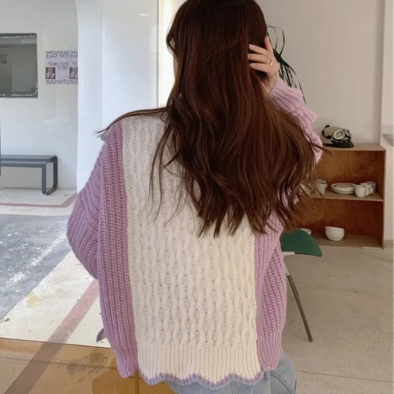 Purple & White Patchwork Knit Cardigan